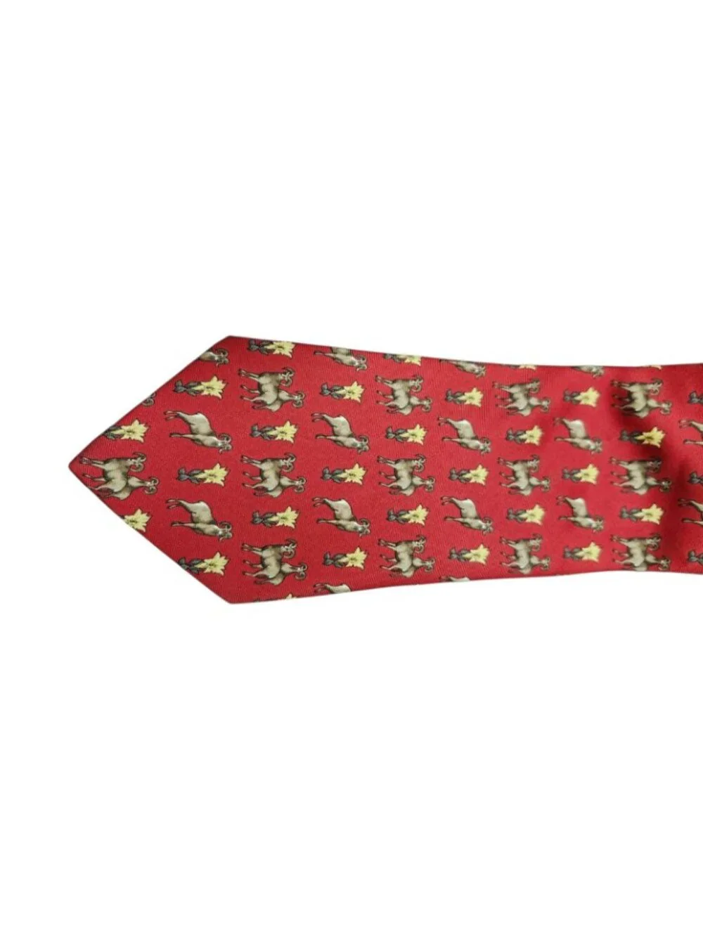Burberrys Vintage Red Silk Ram Animal Print Tie Hand Made USA